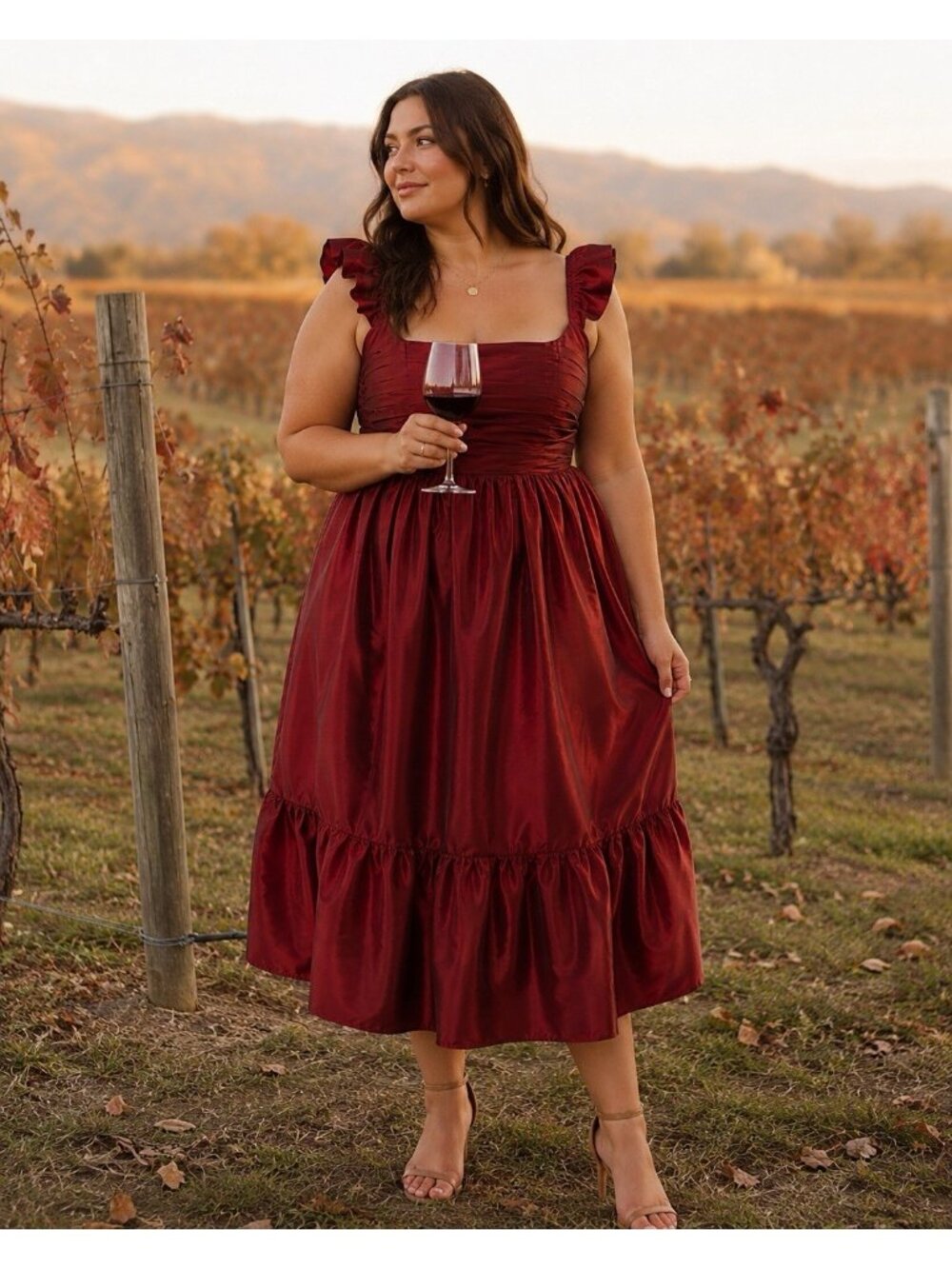 Lulus Poised Passion Midi Dress Sz Large Wine Red Taffeta Lace Up Back Feminine